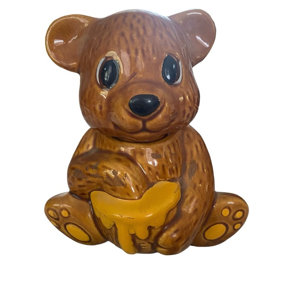 Vintage Brown Ceramic Honey Bear Pot Jam Pot Brown Bear with Pot of Honey Jar